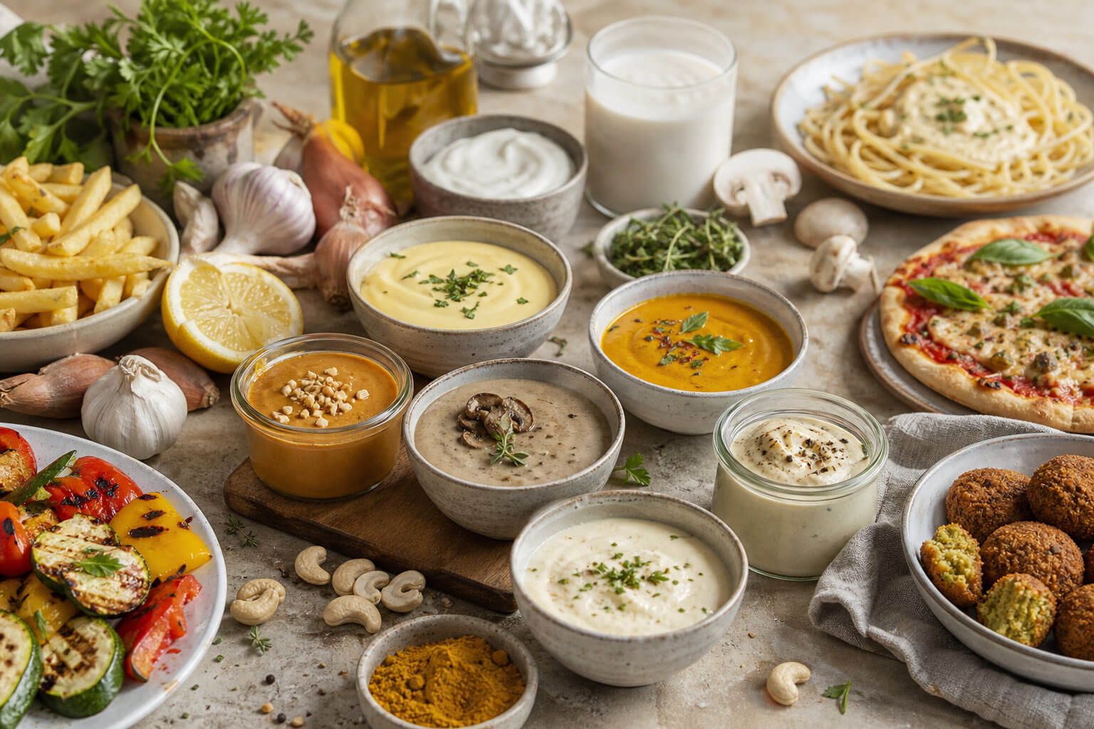 Olika matr&auml;tter och s&aring;ser uppdukade, bland annat pasta, pizza, pommes frites och gr&ouml;nsaksr&auml;tter